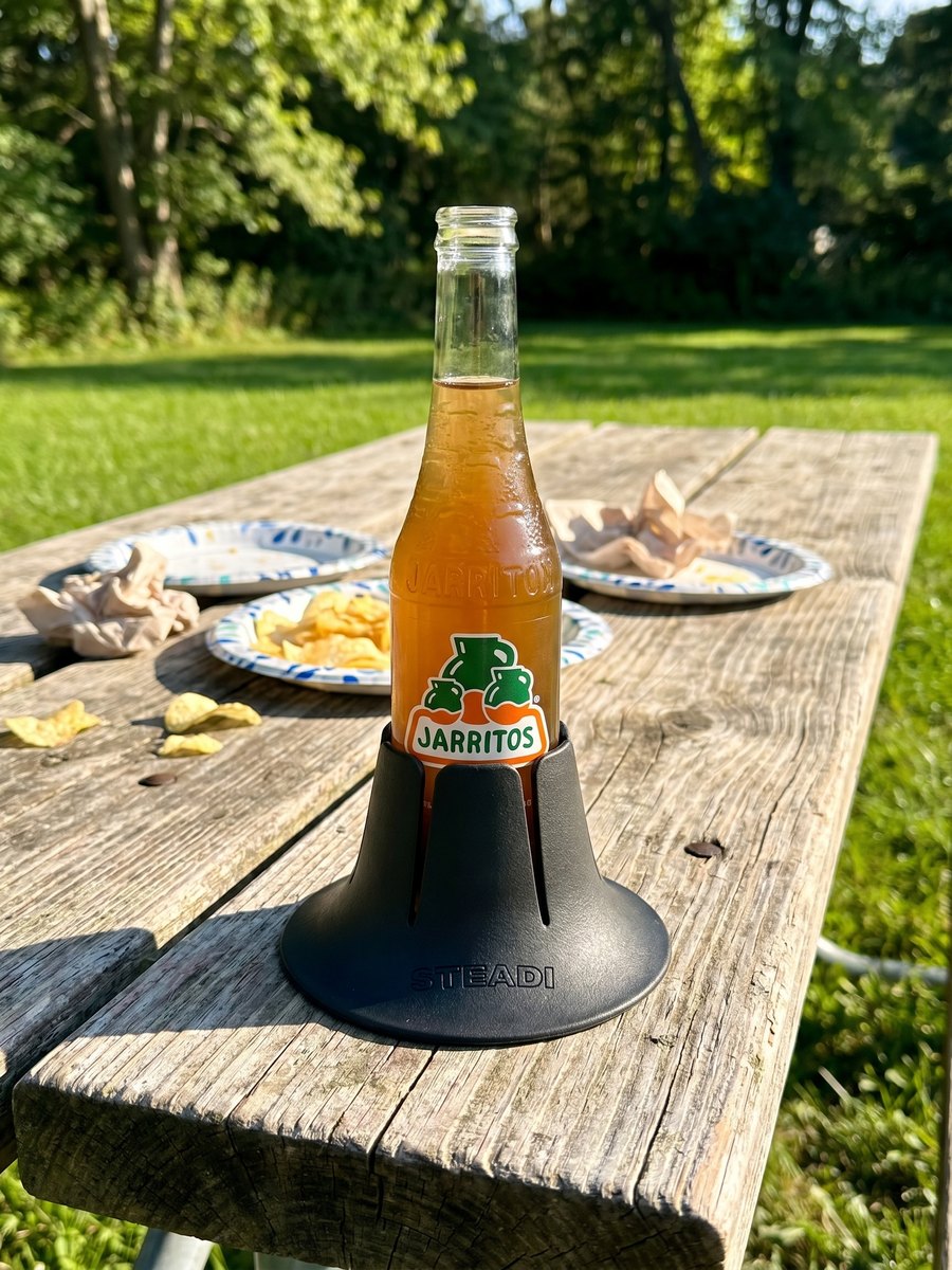 A charcoal Steadi holding a Jarritos bottle on a weathered picnic table on a park lawn in low evening sun, paper plates of chips beside it.